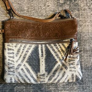 Myra Bag Brown Leather and Gray Patterned Crossbody